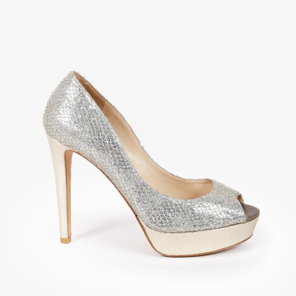 Jimmy Choo Silver Glitter Peep Toe Pumps